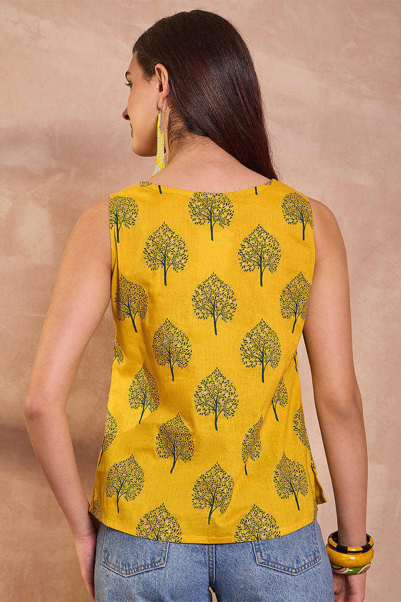 Yellow Cotton Blend Floral Printed Top VT1427