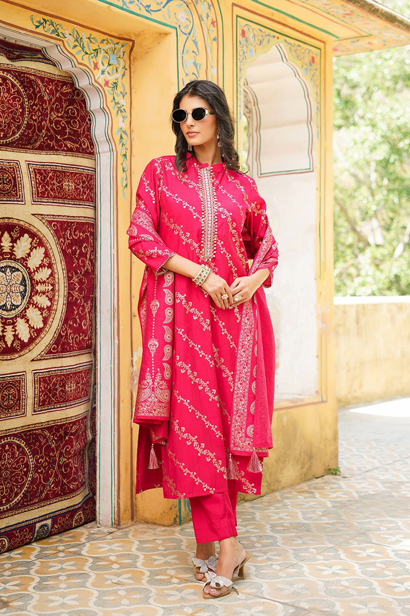 Pink Silk Blend Floral Printed Straight Kurta Trousers With Dupatta SKSKD3044