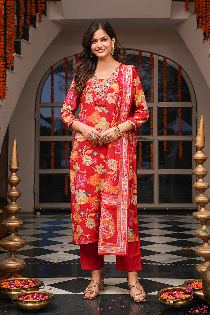 Red Viscose Rayon Floral Printed Straight Kurta Trousers With Dupatta PKSKD3079