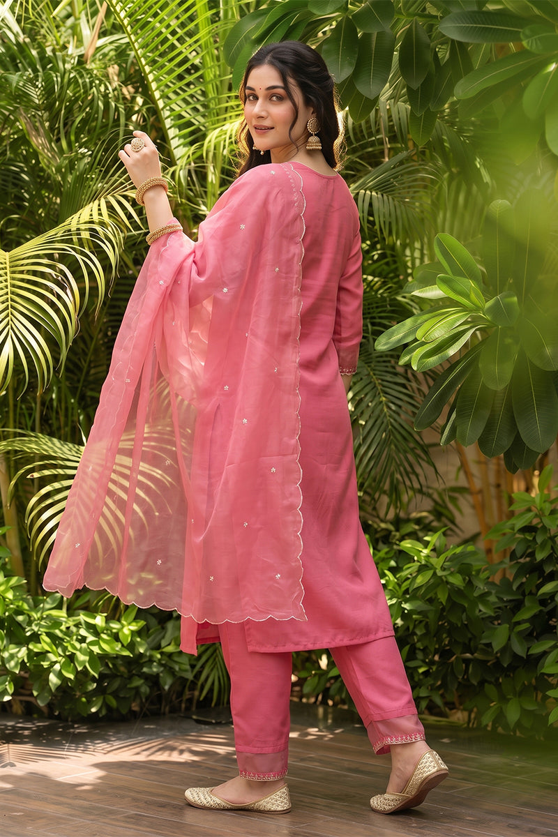 Pink Poly Silk Solid Sequin Straight Suit Set PKSKD1159