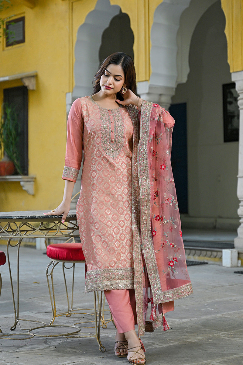Peach Silk Blend Solid Woven Design Straight Kurta Trousers With Dupatta PKSKD2924