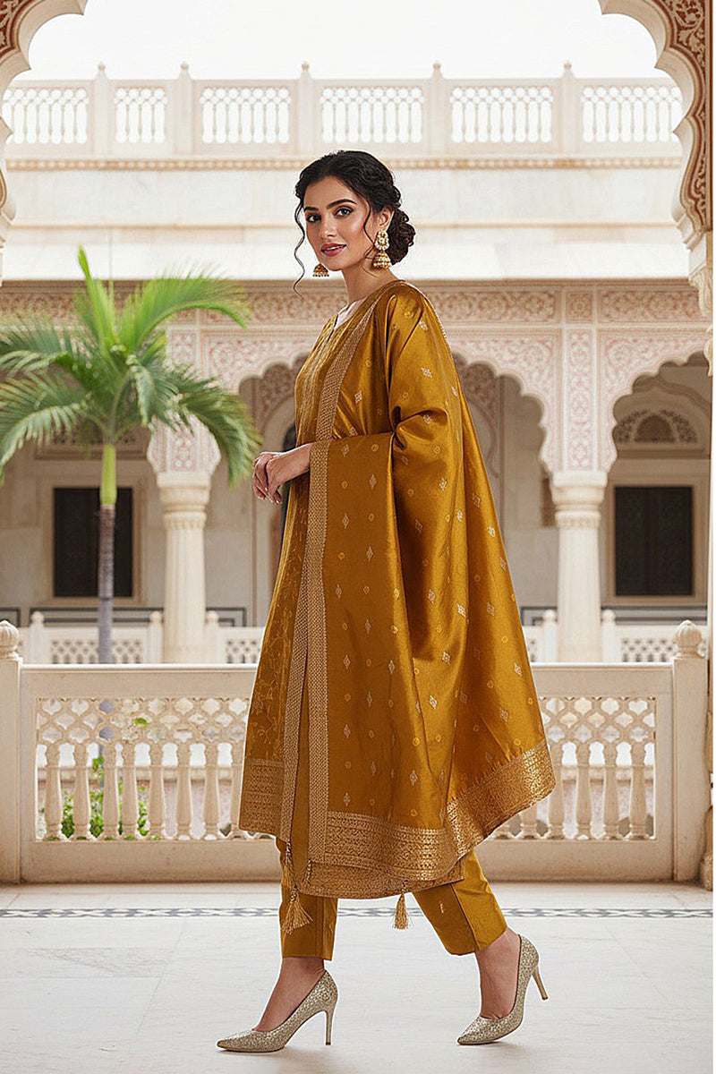 Mustard Yellow Silk Blend Ethnic Motifs Woven Design Straight Suit Set PKSKD2406
