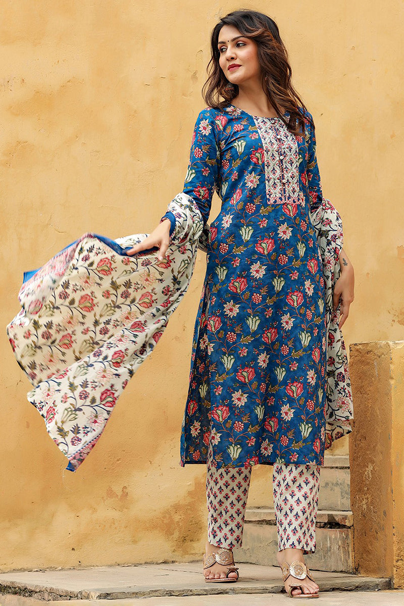 Blue Rayon Blend Floral Printed Straight Suit Set VKSKD1238