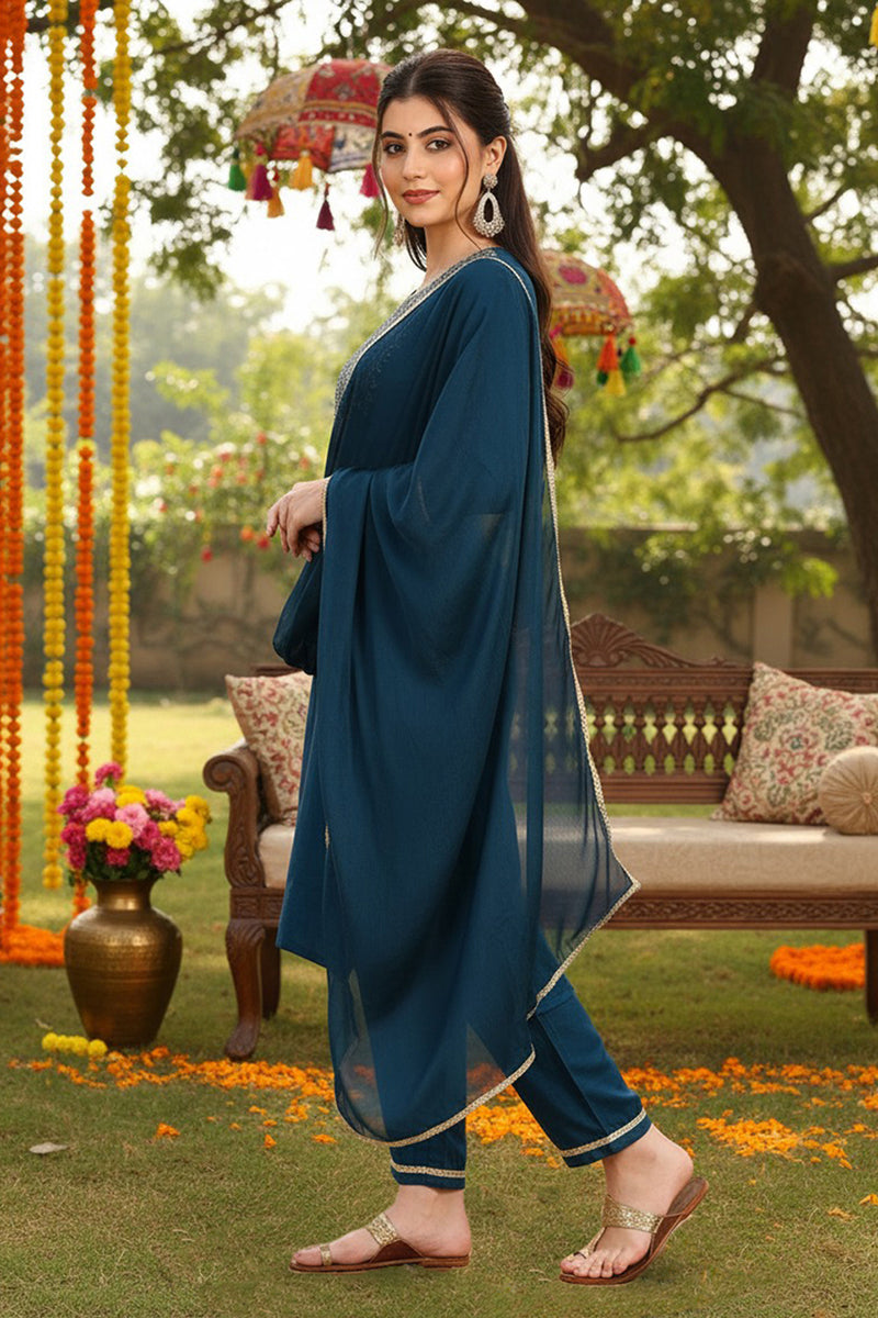 Silk Blend Teal Embroidered Straight Kurta Pant With Dupatta PKSKD1838
