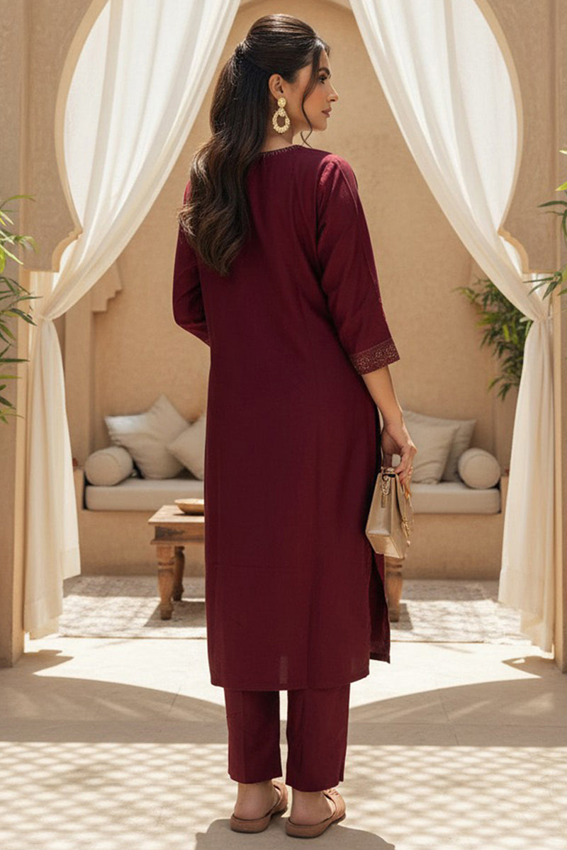 Maroon Silk Blend Ethnic Motifs Stoning Straight Kurta Trouser with Dupatta SKSKD3092