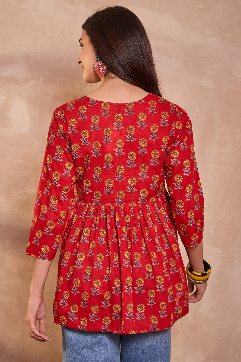 Red Cotton Blend Floral Printed Top VT1355
