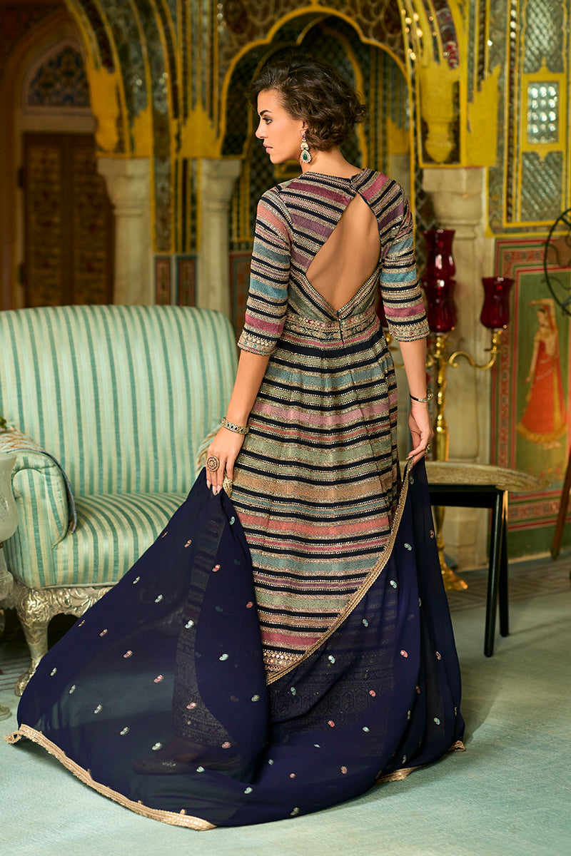 MultiColor Georgette Embroidered With Hand Work Gown With Dupatta VKSET1543