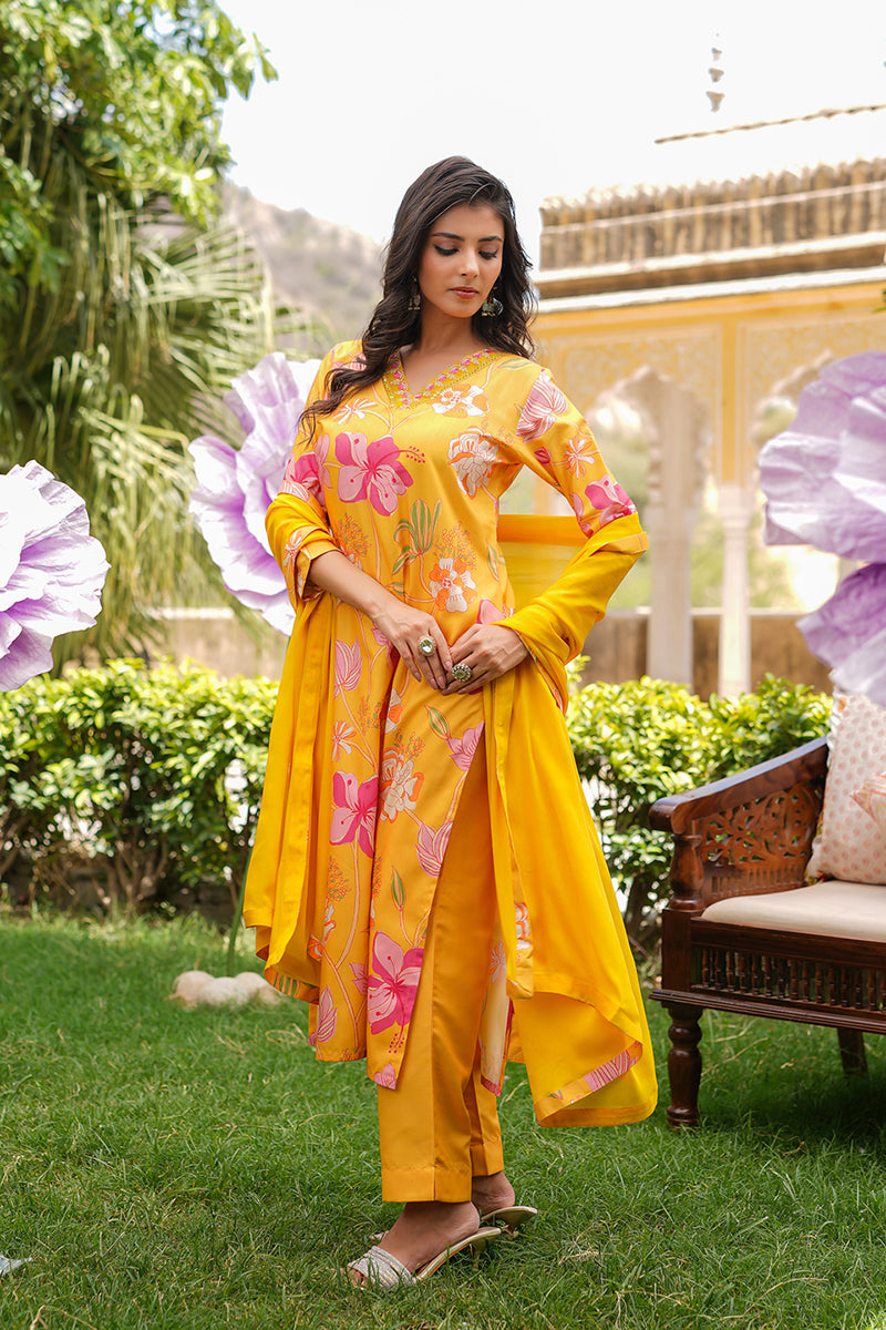 Yellow Silk Blend Floral Printed Straight Kurta Trousers With Dupatta SKSKD3099