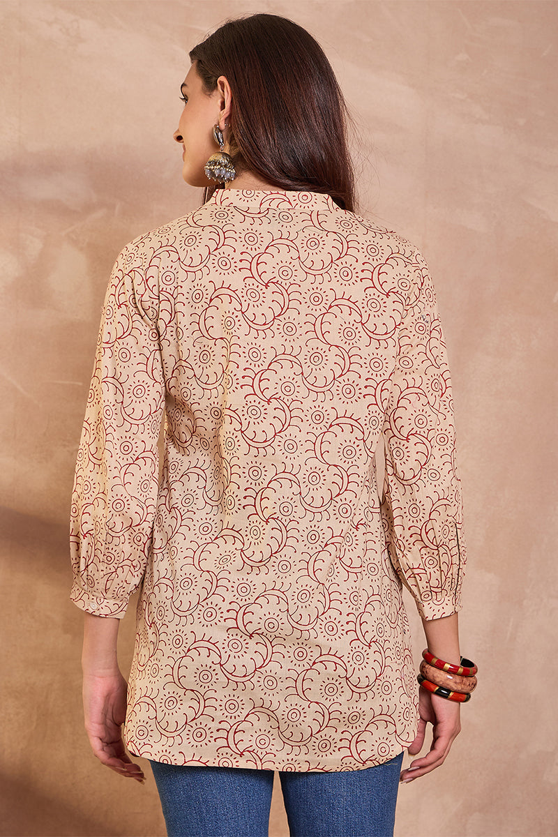 Beige Cotton Ethnic Motifs Printed Top VT1430