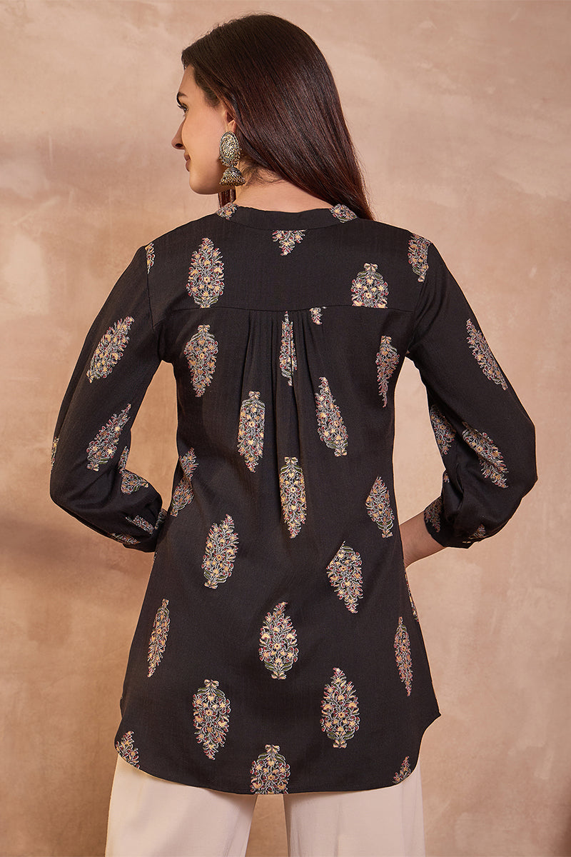 Black Cotton Blend Floral Printed Top VT1360