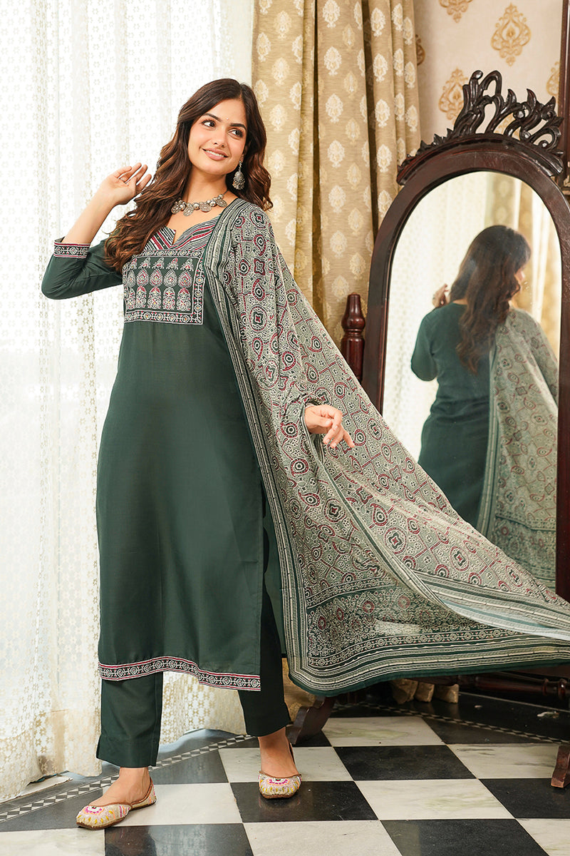 Green Cotton Blend Ajrakh Printed Straight Kurta Trousers With Dupatta PKSKD3066