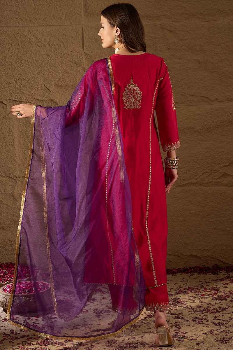 Red Silk Blend Solid Embroidered A-Line Kurta Trouser with Dupatta PKSKD2842