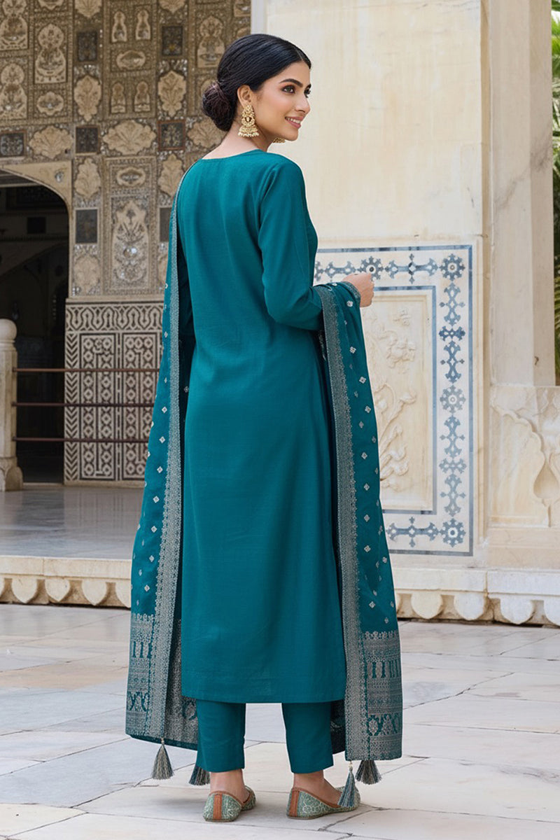 Teal Blue Poly Chanderi Solid Woven Design Straight Trouser Suit Set PKSKD2628