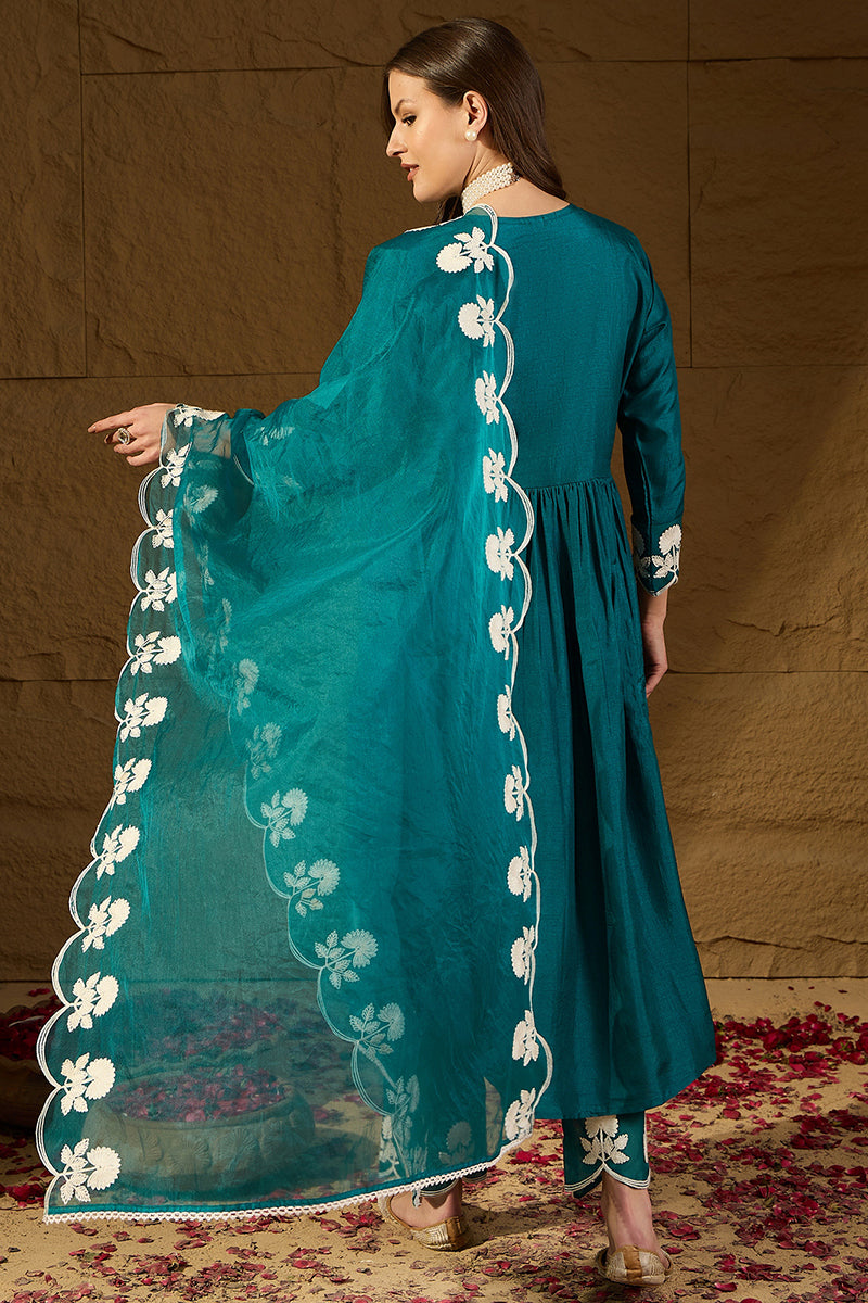Teal Silk Blend Solid Embroidered A-Line Kurta Trouser With Dupatta PKSKD2824