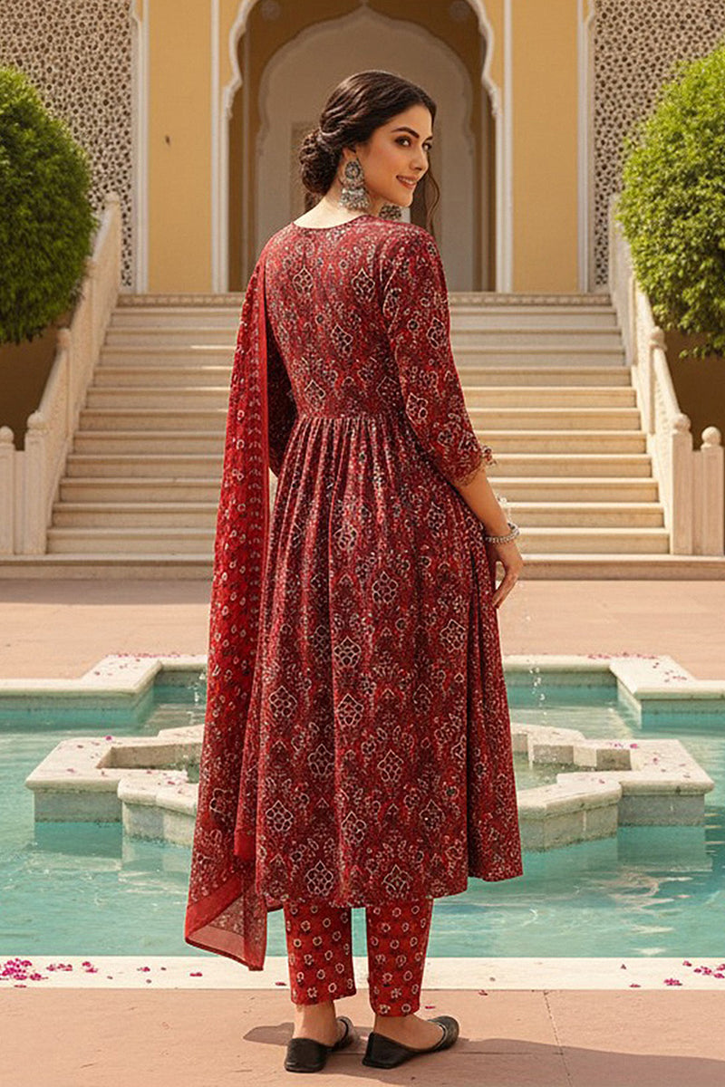 Red Rayon Blend Floral Printed A-Line Trouser Bottom Suit Set VKSKD2273