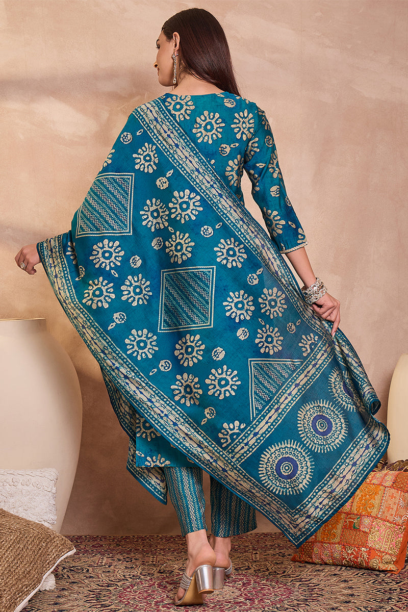 Blue Cotton Blend Abstract Printed Straight Kurta Trouser With Dupatta VKSKD3212