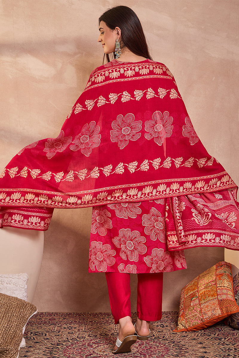 Pink Poly Silk Floral Printed Straight Kurta Trouser With Dupatta VKSKD3208