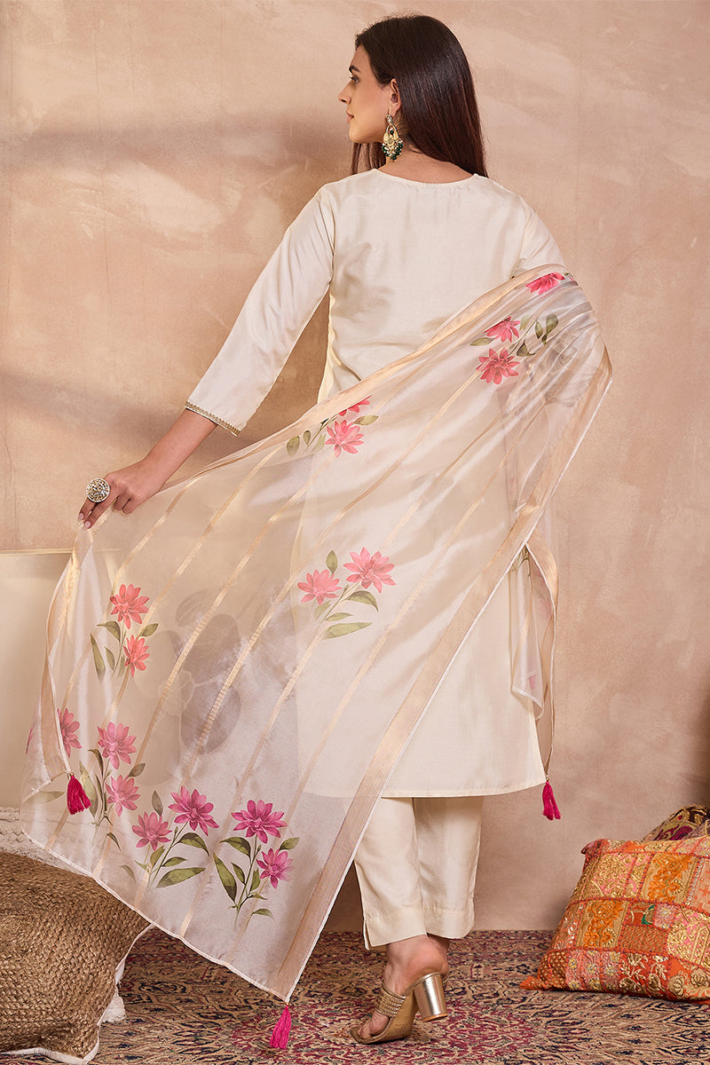 Off White Silk Blend Solid Embroidered Straight Kurta Trouser With Dupatta PKSKD3103