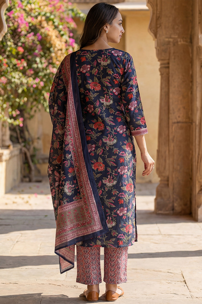 Navy Blue Rayon Blend Floral Printed Straight Trouser Suit Set VKSKD2255