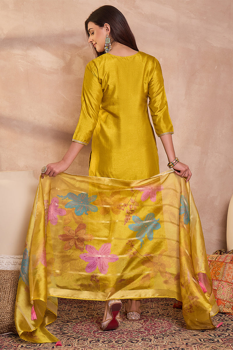 Yellow Silk Blend Solid Embroidered Straight Kurta Trouser With Dupatta PKSKD3102