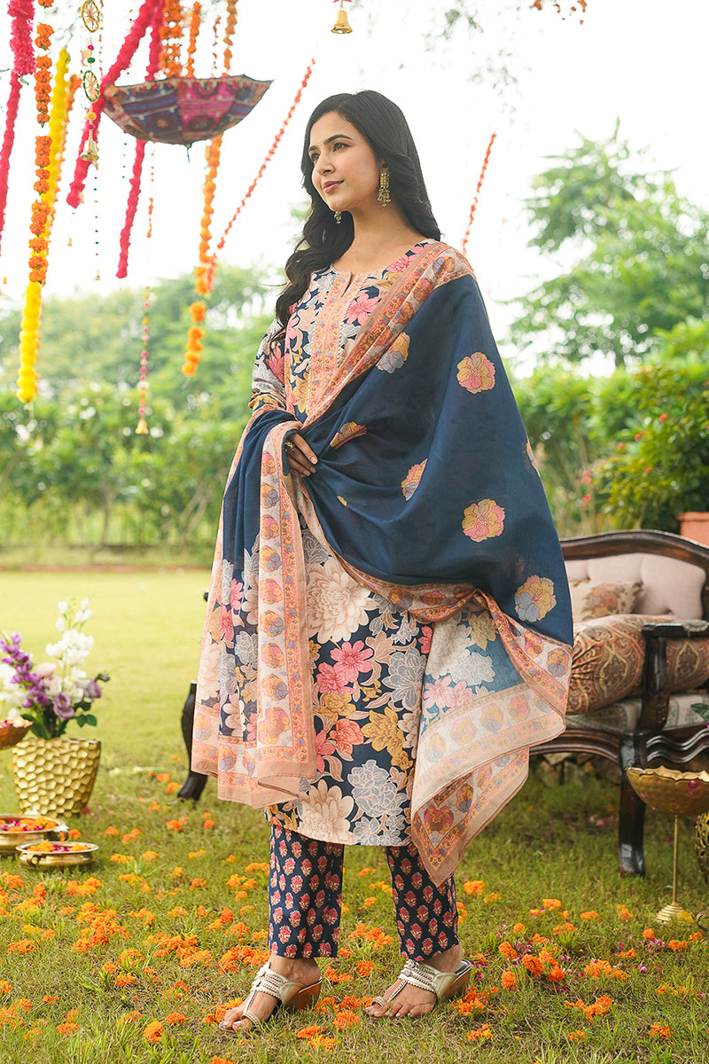 Blue Cotton Blend Floral Printed Straight Kurta Trousers With Dupatta VKSKD2415