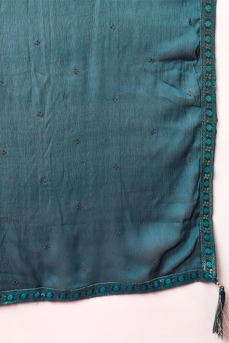 Teal Silk Blend Ethnic Motifs Woven Design Straight Suit Set PKSKD1780