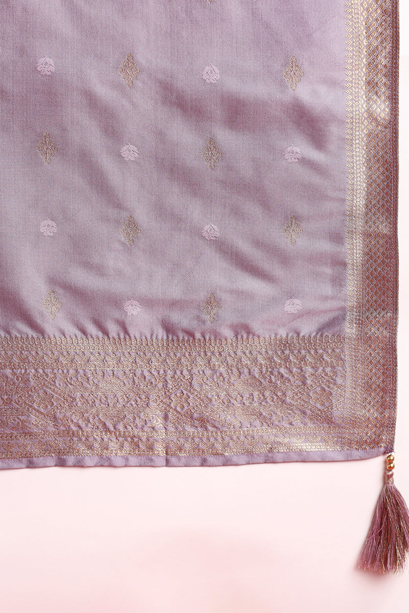 Lavender Silk Blend Ethnic Motifs Woven Design Straight Suit Set PKSKD2405