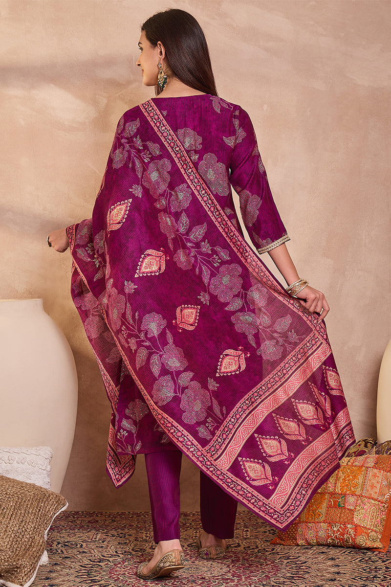 Purple Silk Blend Floral Printed Straight Kurta Trouser With Dupatta PKSKD3216