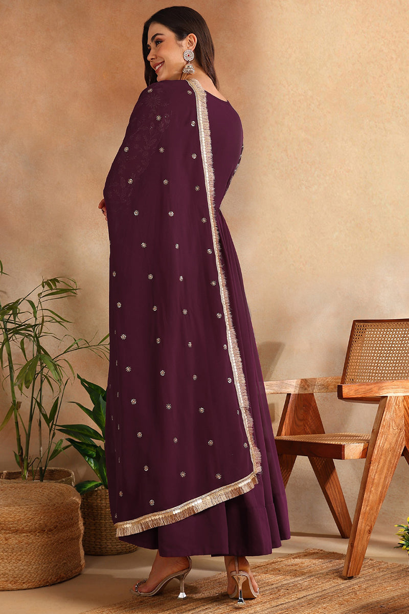 Wine Georgette Solid Embroidered Anarkali Gown with Dupatta VKSET1520WIN