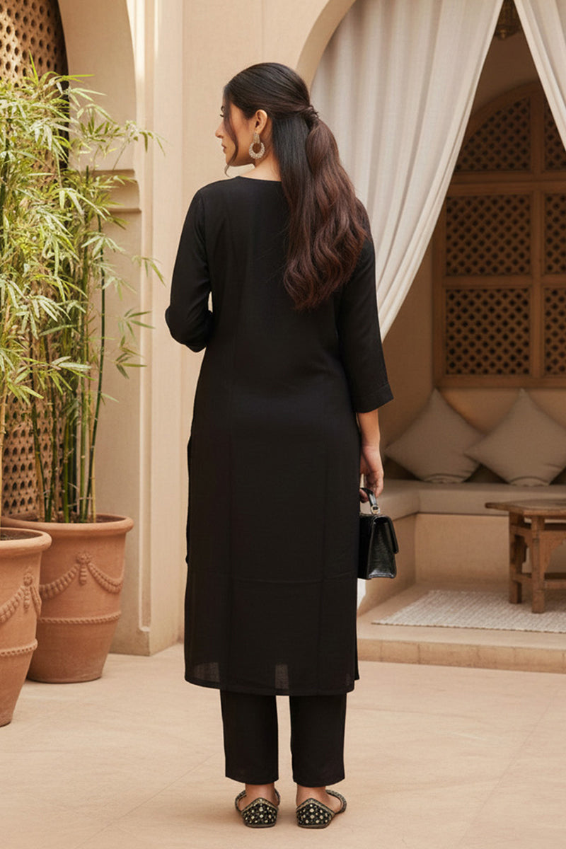 Black Silk Blend Ethnic Motifs Stoning Straight Kurta Trouser with Dupatta SKSKD3089
