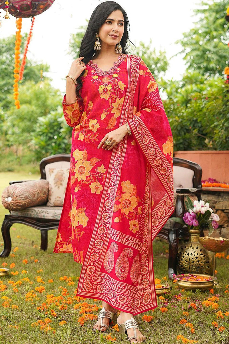 Red Viscose Rayon Floral Embroidered Straight Kurta Trousers With Dupatta PKSKD3051
