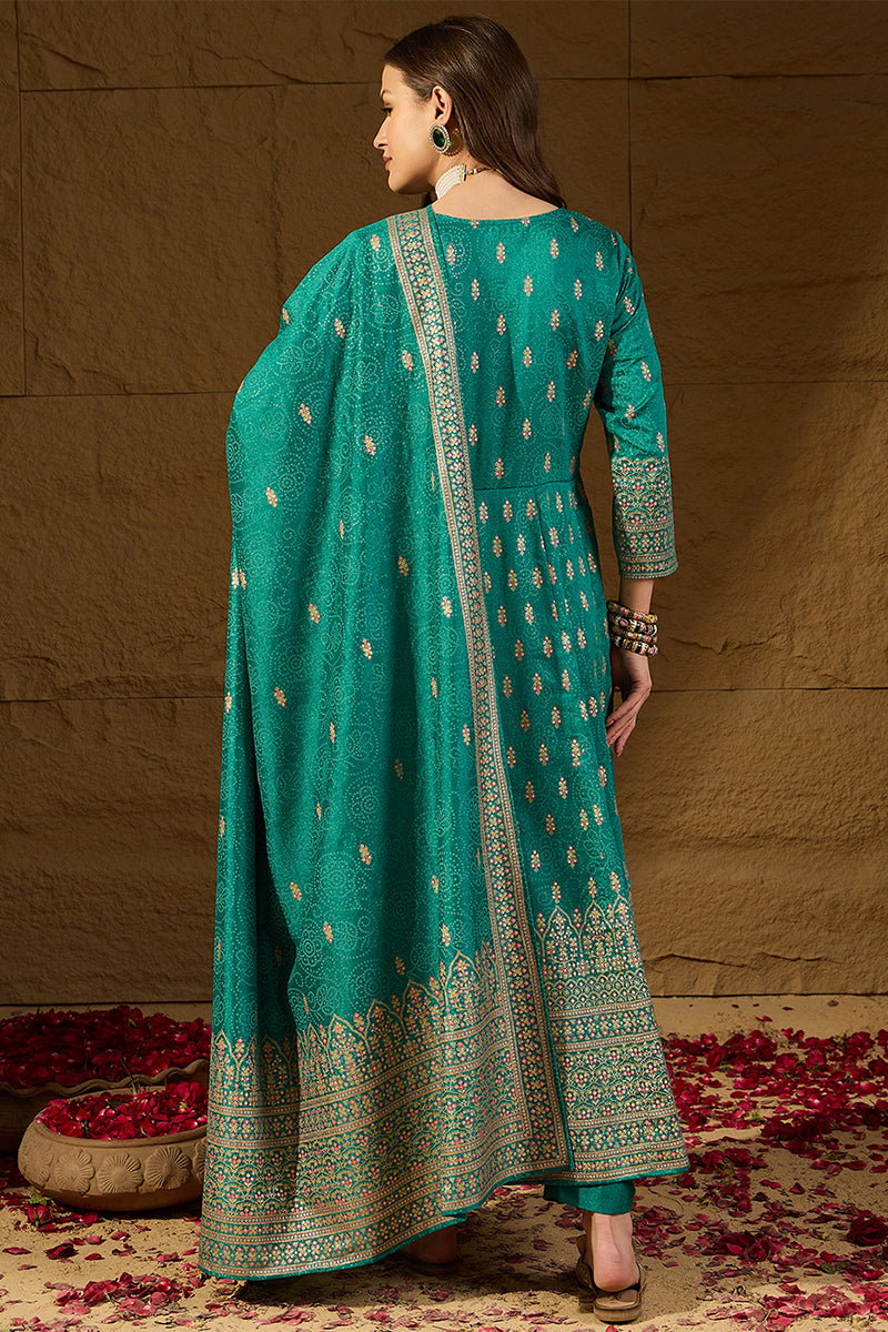 Teal Silk Blend Ethnic Motifs Woven Design Anarkali Kurta Trousers With Dupatta PKSKD2895