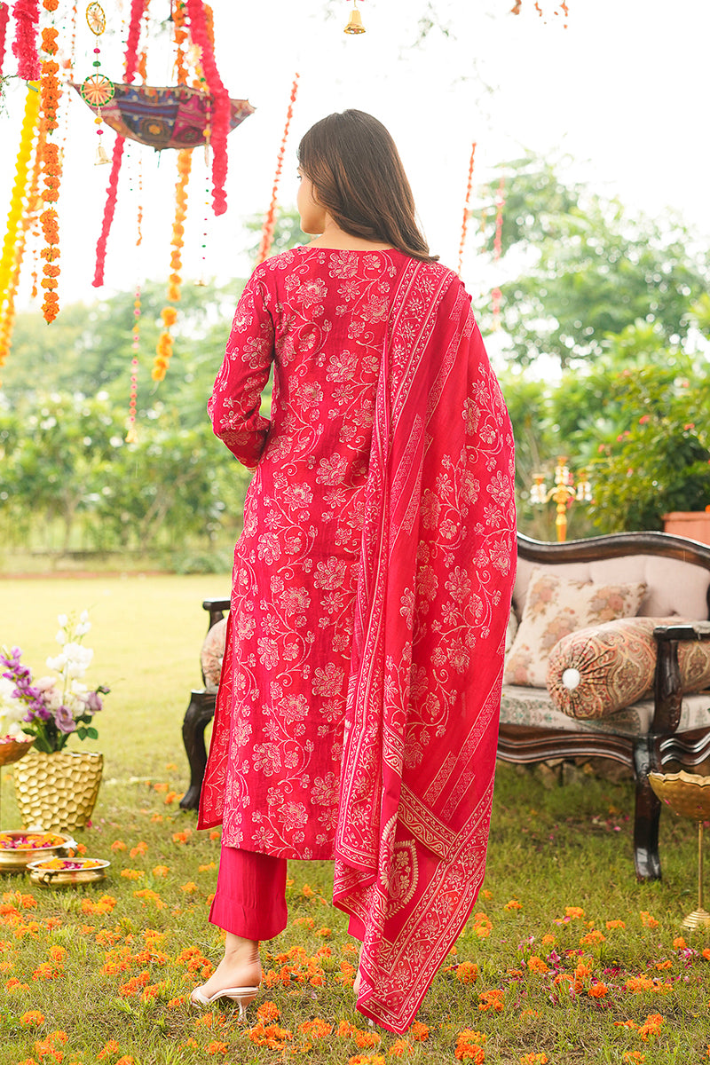 Red Viscose Rayon Floral Embroidered Straight Kurta Trousers With Dupatta PKSKD3056