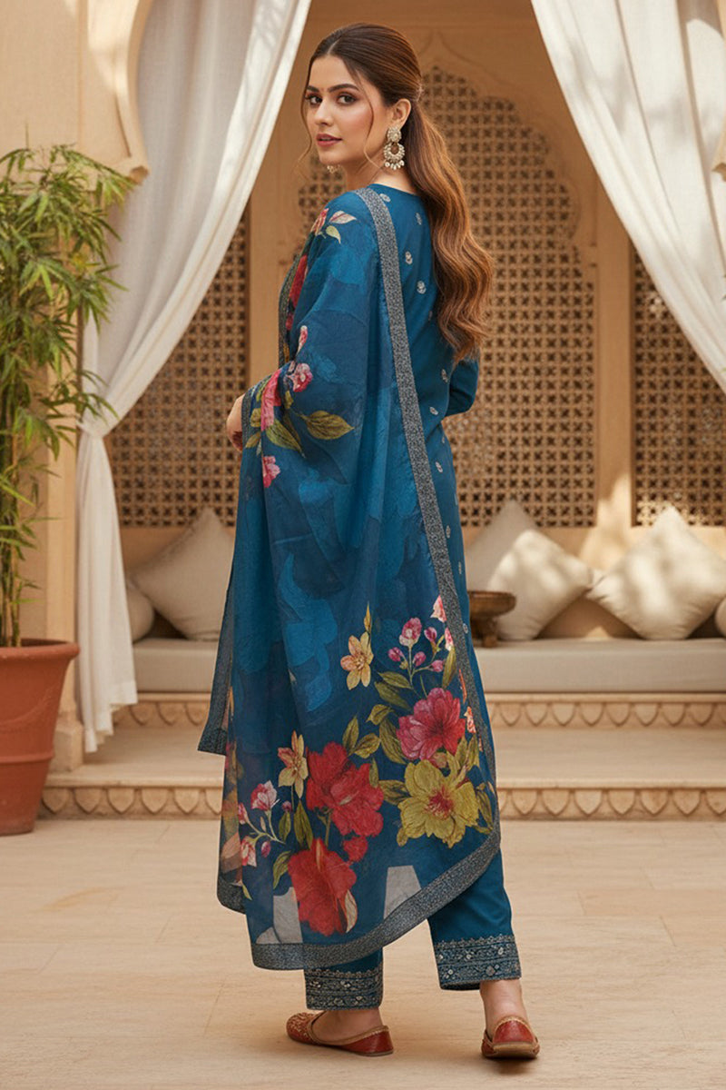 Blue Silk Blend Ethnic Motifs Stoning Straight Kurta Trouser with Dupatta SKSKD3090