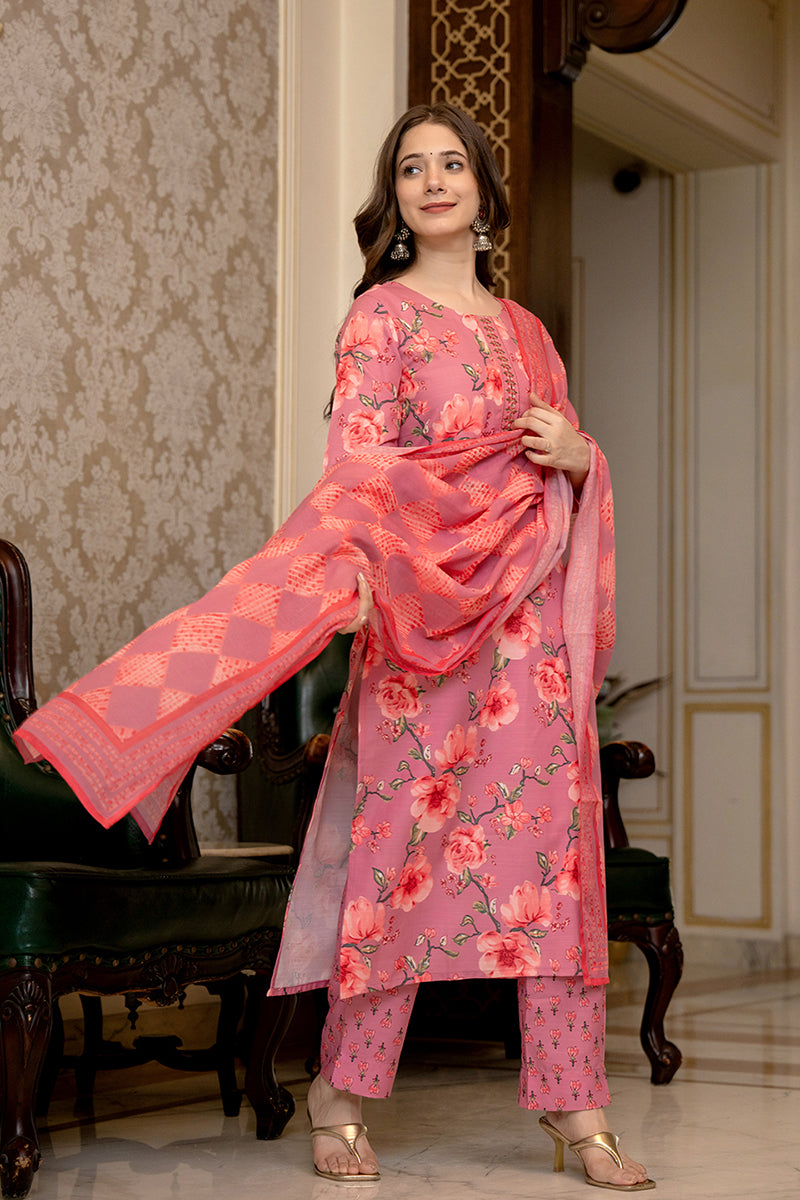 Pink Rayon Blend Floral Printed Straight Trouser Bottom Suit Set PKSKD2566PNK