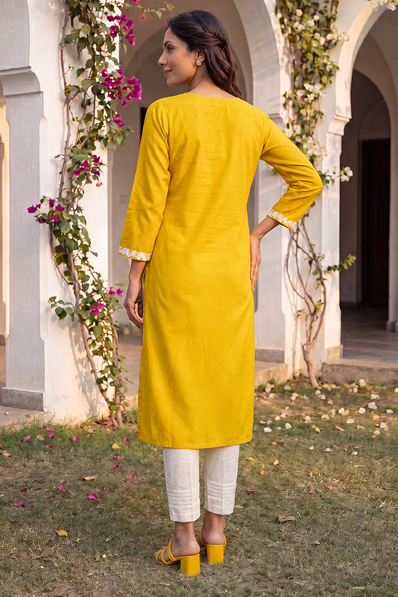 Ahika Womens Yellow Viscose Rayon Solid Embroidered Regular Kurta VCK9816