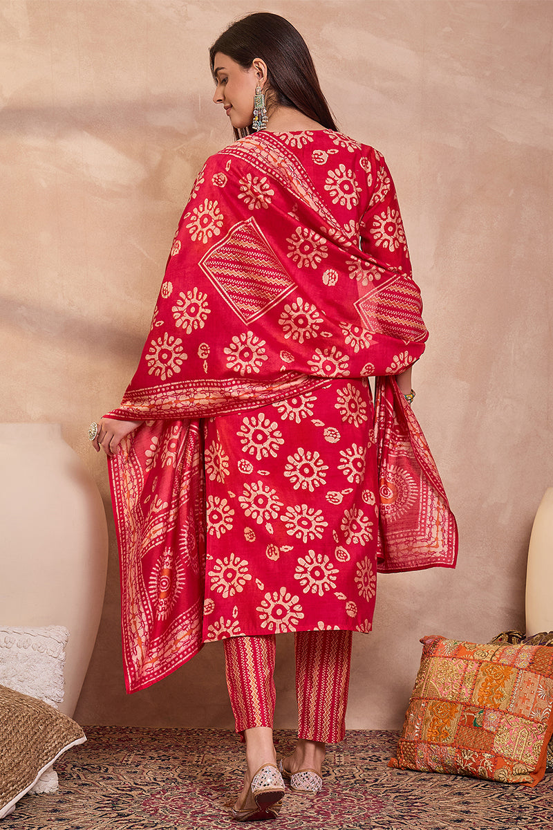 Pink Cotton Blend Abstract Printed Straight Kurta Trouser With Dupatta VKSKD3213