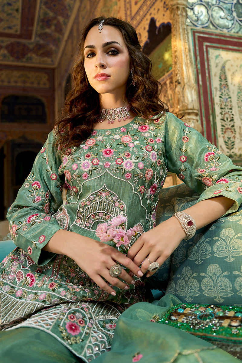 Green Solid Embroidered Straight Kurta Palaazo with Dupatta PKSKD3004