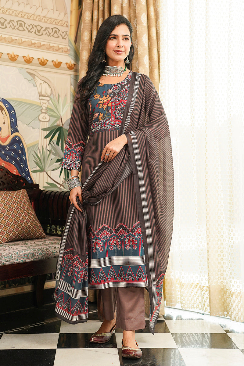 Brown Cotton Blend Ethnic Motifs Printed Straight Kurta Trousers With Dupatta PKSKD3072
