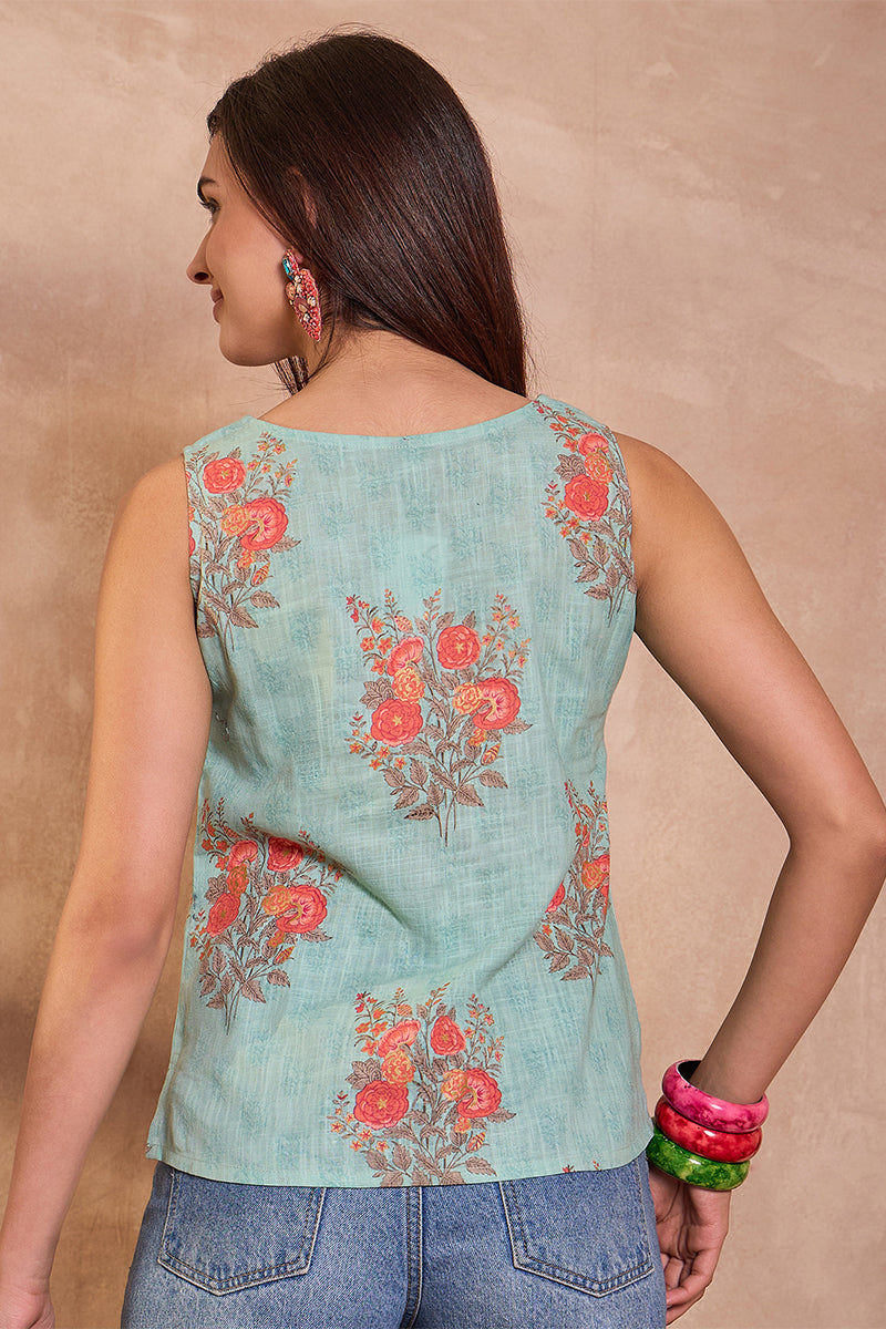 Blue Cotton Blend Floral Printed Top VT1426