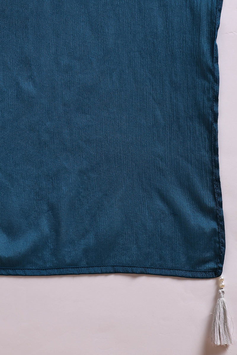 Teal Blue Silk Blend Solid Embroidered Straight Suit Set PKSKD2216