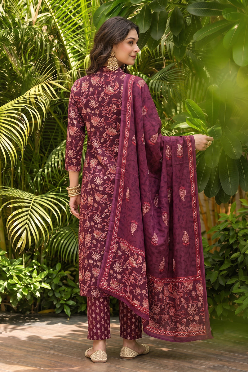 Maroon Rayon Blend Floral Printed Straight Suit Set VKSKD2149