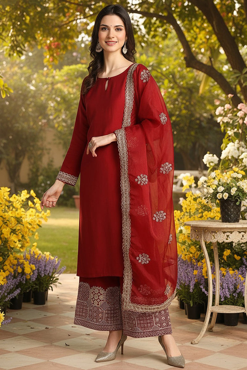 Mustard Yellow Silk Blend Floral Embroidered Straight Suit Set PKSKD2240