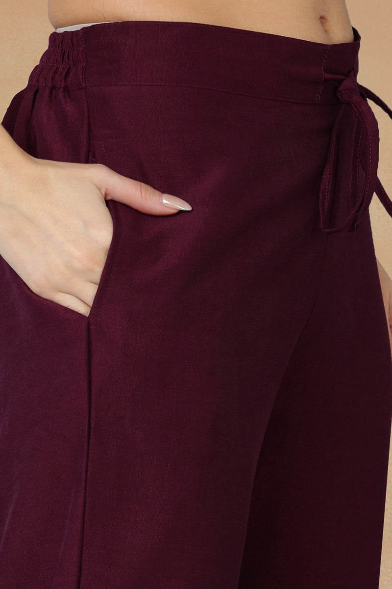 Burgundy Silk Blend Solid Straight Kurta Trousers With Dupatta PKSKD1759