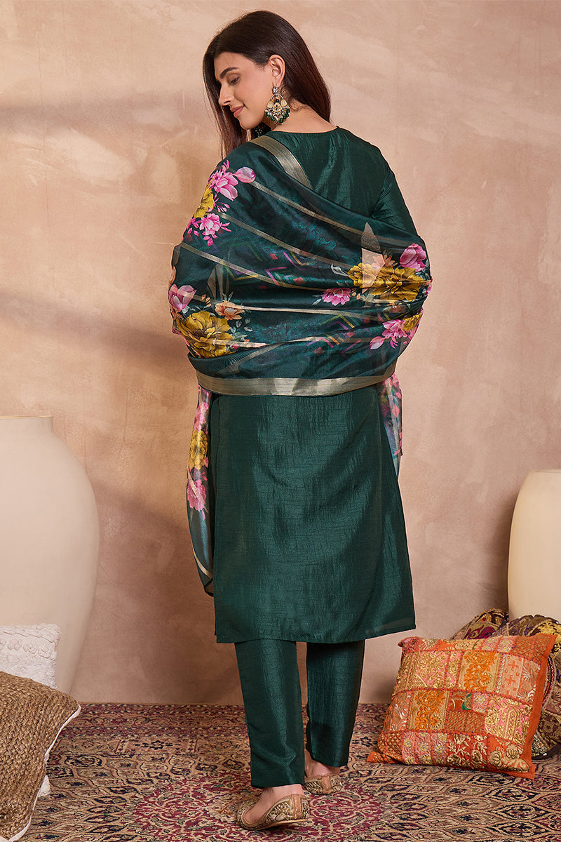 Green Silk Blend Solid Embroidered Straight Kurta Trouser With Dupatta PKSKD3101