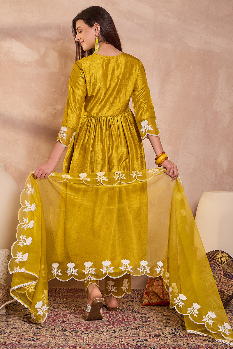 Mustard Silk Blend Solid Embroidered A-Line Kurta Trouser With Dupatta PKSKD2825