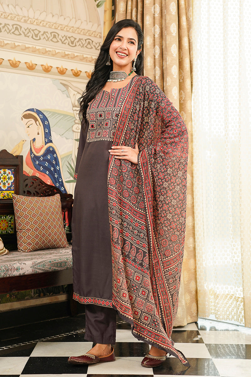 Black Cotton Blend Ajrakh Printed Straight Kurta Trousers With Dupatta PKSKD3065