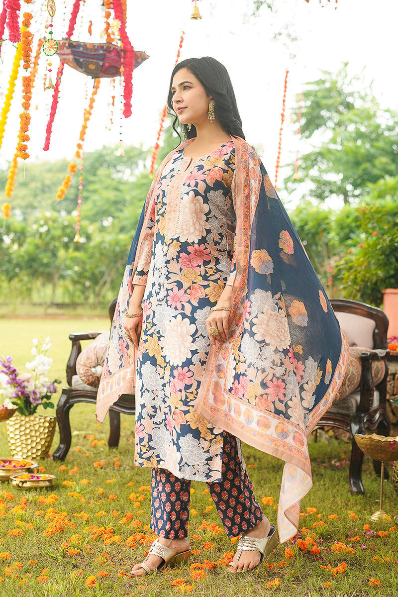 Blue Cotton Blend Floral Printed Straight Kurta Trousers With Dupatta VKSKD2415