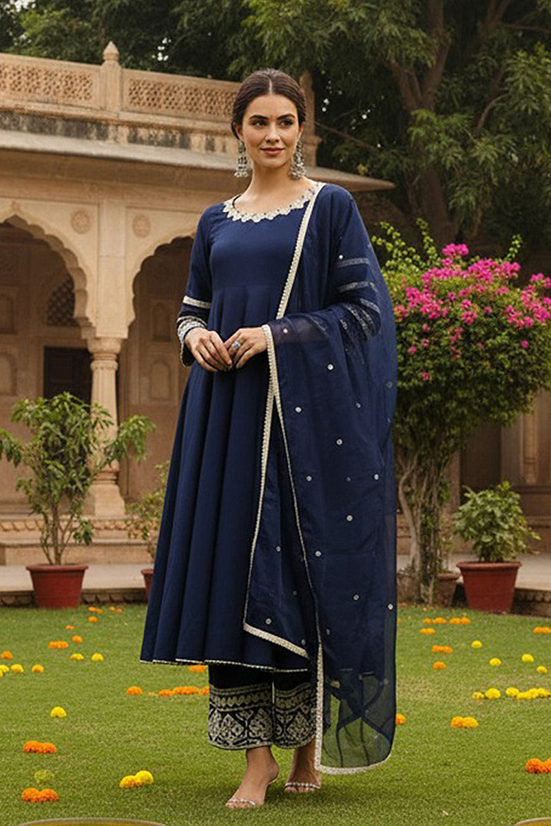 Navy Blue Silk Blend Solid Embroidered Anarkali Suit Set PKSKD2212