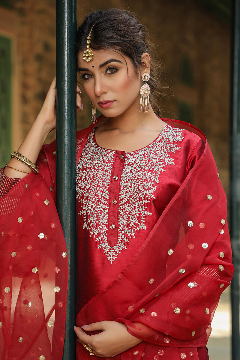 Maroon Poly Silk Solid Yoke Design Kurta Trousers With Dupatta PKSKD1587